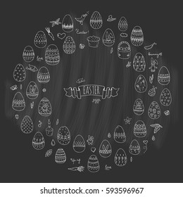 Hand drawn doodle Easter icons set Vector illustration spring bunny symbols collection Cartoon decoration elements: egg, rabbit, basket, bird, carrot, butterfly, bunny footprint, hunting eggs, hearts
