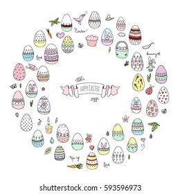 Hand drawn doodle Easter icons set Vector illustration spring bunny symbols collection Cartoon decoration elements: egg, rabbit, basket, bird, carrot, butterfly, bunny footprint, hunting eggs, hearts
