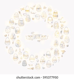 Hand drawn doodle Easter icons set Vector illustration spring bunny symbols collection Cartoon decoration elements: egg, rabbit, basket, bird, carrot, butterfly, bunny footprint, hunting eggs, hearts