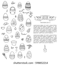 Hand drawn doodle Easter icons set Vector illustration spring bunny symbols collection Cartoon decoration elements: egg, rabbit, basket, bird, carrot, butterfly, bunny footprint, hunting eggs, hearts