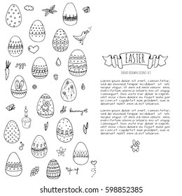 Hand drawn doodle Easter icons set Vector illustration spring bunny symbols collection Cartoon decoration elements: egg, rabbit, basket, bird, carrot, butterfly, bunny footprint, hunting eggs, hearts