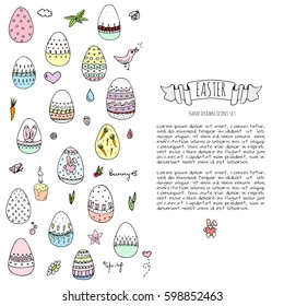 Hand drawn doodle Easter icons set Vector illustration spring bunny symbols collection Cartoon decoration elements: egg, rabbit, basket, bird, carrot, butterfly, bunny footprint, hunting eggs, hearts