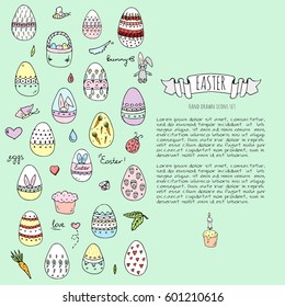 Hand drawn doodle Easter icons set Vector illustration spring bunny symbols collection Cartoon decoration elements: egg, rabbit, basket, bird, carrot, butterfly, bunny footprint, hunting eggs, hearts