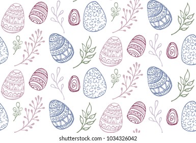 Hand drawn doodle easter pattern. Easter eggs