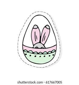 Hand drawn doodle Easter related icon sticker - egg decorated with bunny ears. Vector illustration isolated patch Cartoon spring holiday concept. Decorated colorful egg, borders, girly sketch style