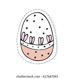 Hand drawn doodle Easter related icon sticker - egg decorated with bunny ears. Vector illustration isolated patch Cartoon spring holiday concept. Decorated colorful egg, borders, girly sketch style