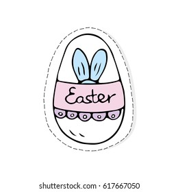 Hand drawn doodle Easter related icon sticker - egg decorated with bunny ears. Vector illustration isolated patch Cartoon spring holiday concept. Decorated colorful egg, borders, girly sketch style