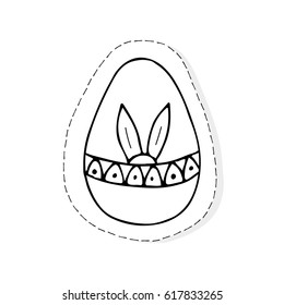 Hand drawn doodle Easter related icon sticker - egg decorated with bunny ears. Vector illustration isolated patch Cartoon spring holiday concept. Decorated colorful egg, borders, girly sketch style