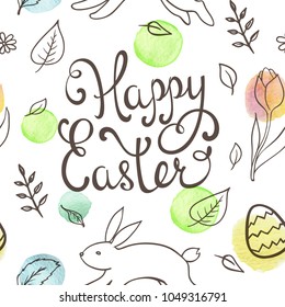Hand drawn doodle Easter seamless pattern with rabbit and leaves on a white background
