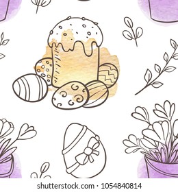 Hand drawn doodle Easter seamless pattern with cake and flowers on a white background