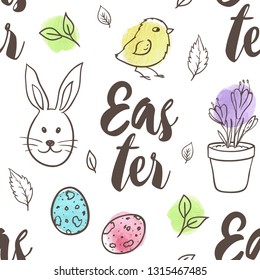 Hand drawn doodle Easter seamless pattern with eggs, rabbit and chicken on a white background. Vector illustration.