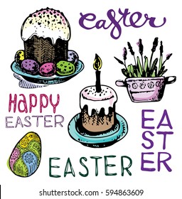 Hand drawn doodle  easter set. Vector illustration.