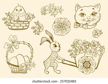 Hand drawn doodle Easter symbols collection. Happy Easter vector background with animals and flowers, Greeting card.