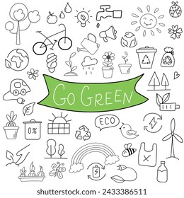 Dibujado a mano doodle eco elementos con letras manuscritas se vuelven verdes.  Ecología, concepto de reciclaje.