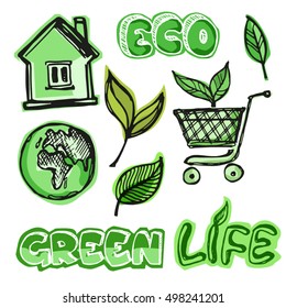 Hand drawn doodle eco set. Eco friendly concept. Vector illustration.