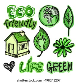 Hand drawn doodle eco set. Eco friendly concept. Vector illustration.