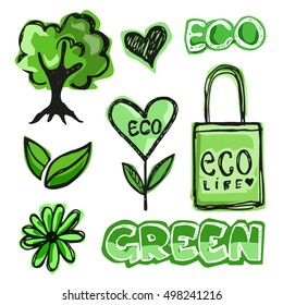 Hand drawn doodle eco set. Eco friendly concept. Vector illustration.