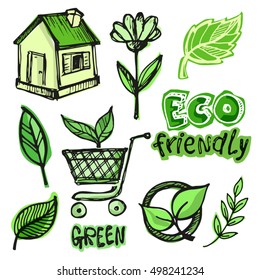 Hand drawn doodle eco set. Eco friendly concept. Vector illustration.