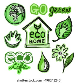 Hand drawn doodle eco set. Eco friendly concept. Vector illustration.