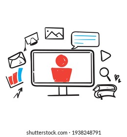 hand drawn doodle educastion concept symbol for Webinar, digital classroom, online teaching illustration vector isolated