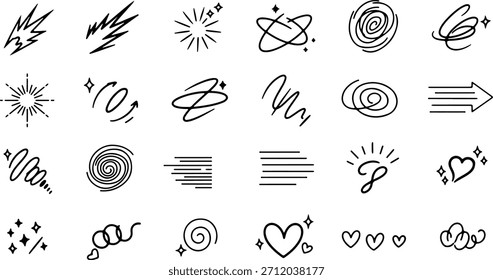 Hand Drawn Doodle Effect Lines Arrows Swirls Hearts Sparkles Vector Set