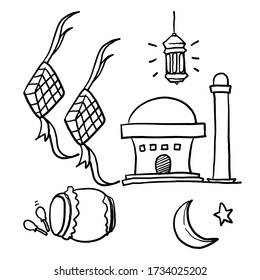 celebración de la ilustración de doodle eid dibujada a mano, colección de símbolos islámicos vector.caricatura