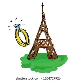 Hand drawn doodle eiffel tower. Symbol of travel in Paris eiffel tower. Concept of romantic travel eiffel tower and wedding ring.