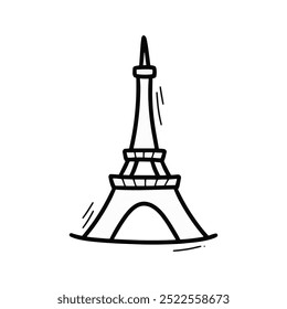 Desenhado à Mão Doodle Eiffel Tower Illustration. Contorno preto bonito Paris França Landmark Adesivo Clip Art Ícone no fundo branco Vetor EPS 10