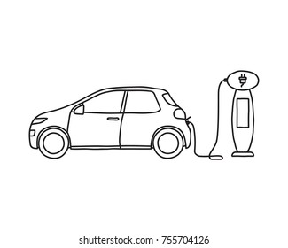 Hand drawn doodle of an electric car at a charging station. Line art only with no fill