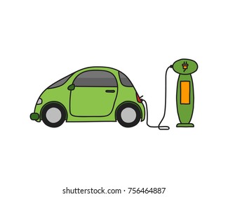 Hand drawn doodle of an electric car at a charging station. Colour filled line art.