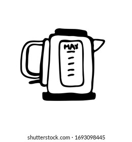 Hand drawn doodle electric kettle. Sketch style icon. Decor element. Isolated on white background Flat design. Vector. For children's coloring, printing on clothes, design of cooking sites.
