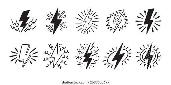Dibujado a mano doodle eléctrico símbolo del rayo sketch conjunto. emblema brillante. thunder iconos individuales. Ilustración vectorial