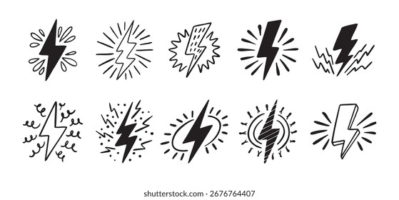 Dibujado a mano doodle eléctrico símbolo del rayo sketch conjunto. emblema brillante. thunder iconos individuales. Ilustración vectorial