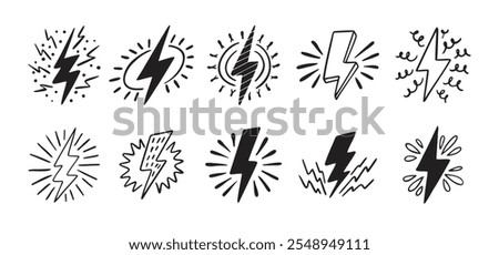 Hand drawn doodle electric lightning symbol sketch set. sparkling emblem. thunder single icons. Vector illustration
