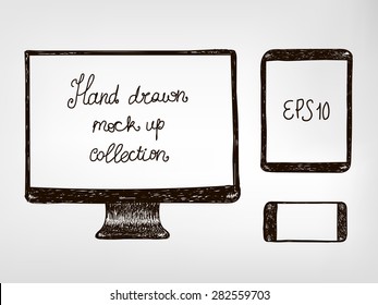 Hand drawn doodle electronic devices mockup set monitor tablet and smartphone vector illustration. tablet smart phone and monitor