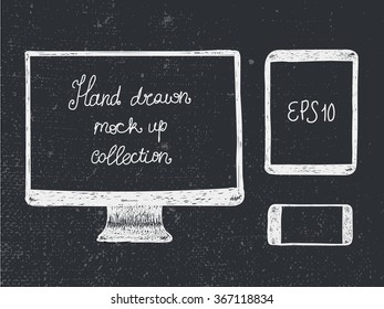 Hand Drawn Doodle Electronic Devices Mockup Set - Monitor, Tablet And Smartphone Vector Illustration. 