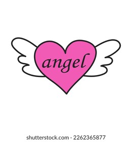Hand drawn doodle element in 90s 2000s trendy style. Heart with wings, lettering angel isolated on white background.