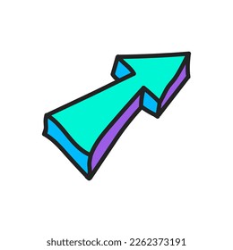 Hand drawn doodle element in 90s 2000s Y2K trendy style. Volumetric bright arrow isolated on a white background.