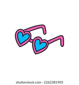 Hand drawn doodle element in 90s 2000s Y2K trendy style. Pink glasses in the shape of a heart isolated on a white background.