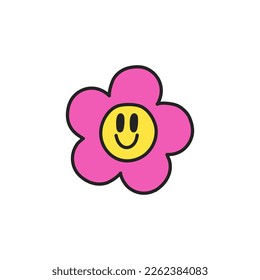 Hand drawn doodle element in 90s 2000s Y2K trendy style. Groovy flower smiles isolated on white background.