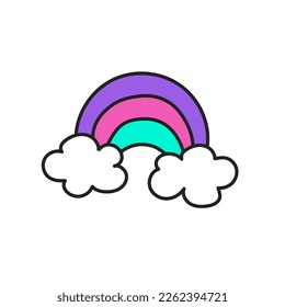 Hand drawn doodle element in 90s 2000s Y2K trendy style. Rainbow and clouds isolated on white background.