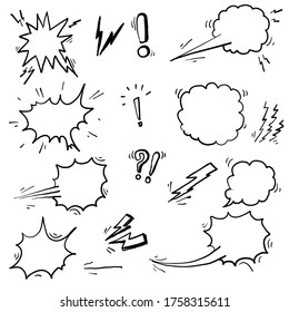 Hand Drawn Doodle Element Collection. Bubble Speech, Boom, Wow.doodle Style Vector