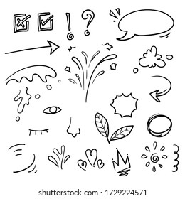 elemento doodle dibujado a mano. consiste en Arrow, heart, love, star, leaf, sun, light, flor, crown, king, queen, Swish, swoops, focus, swirl, corazón, para el diseño conceptual. garabato