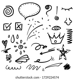 hand drawn doodle element. consists of Arrow, heart, love, star, leaf, sun, light, flower, crown, king, queen,Swishes, swoops, emphasis ,swirl, heart, for concept design. doodle