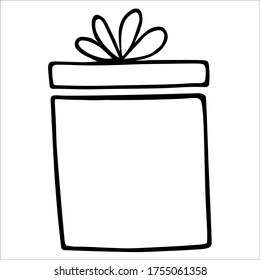 Caja de regalo de elementos de doodle dibujados a mano. Ilustración de regalo para tarjeta, afiche, banner, diseño de navidad, patrón, tarjeta de cumpleaños, diseño de niño. Ilustración vectorial aislada en fondo blanco.