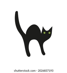 hand drawn doodle element for halloween. spooky black cat silhouette with green eyes.  isolated vector illustration on white background