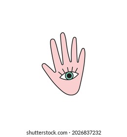 hand drawn doodle element for Halloween. hand with a third eye. isolated vector illustration on white background