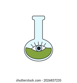 hand drawn doodle element for Halloween. witch bottle with green poison with eye on it. isolated vector illustration on white background