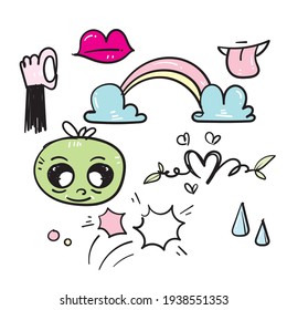 hand drawn doodle element illustration icons, tongue, rainbow, lips, hand, drops etc.