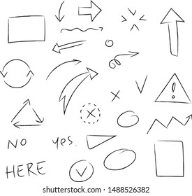Hand drawn Doodle Element Set, with arrows, circles, squares, lines, words. Vector Collection illustration for maps, chalkboard